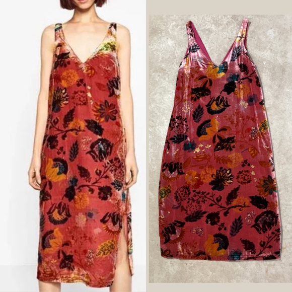 ZARA Dresses & Skirts - ZARA Trafaluc Pink Floral Velvet Midi Dress Women’s Small Side Slit Sleeveless